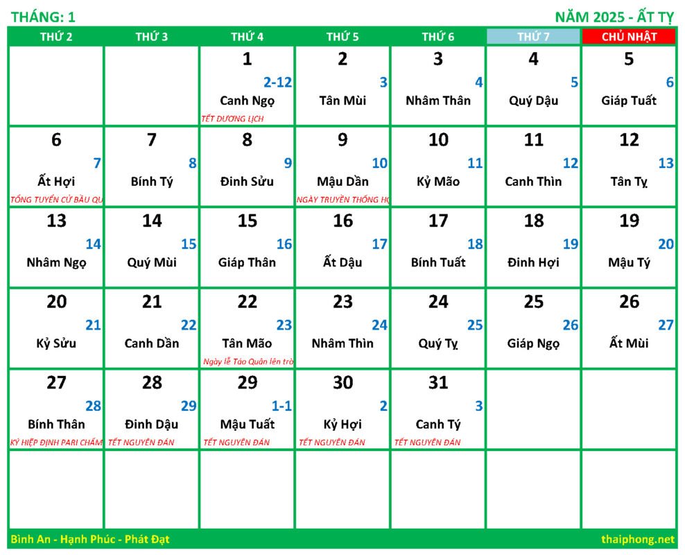 Lịch tháng 1 năm 2025 Ất tỵ