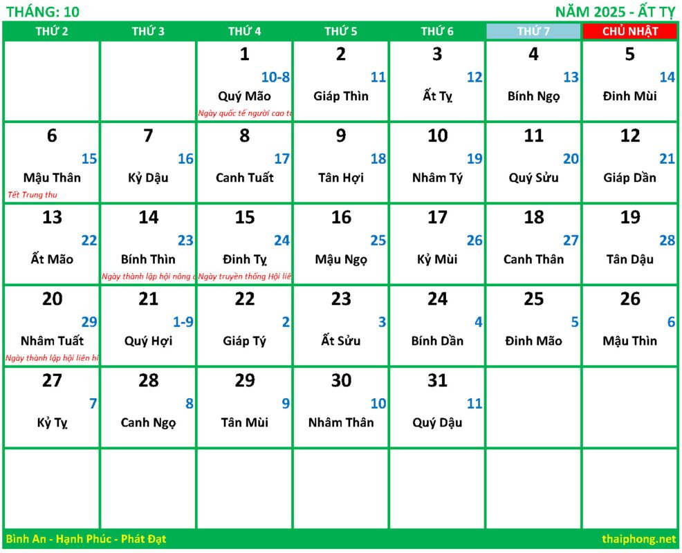 Lịch tháng 10 năm 2025 Ất tỵ