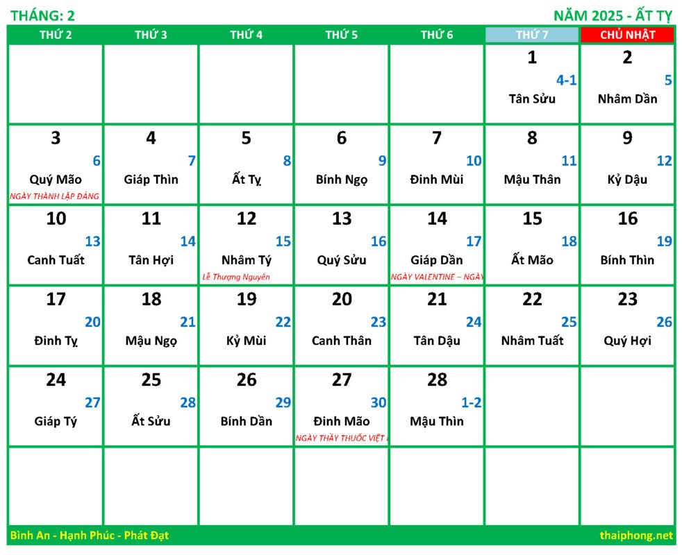 Lịch tháng 2 năm 2025 Ất tỵ