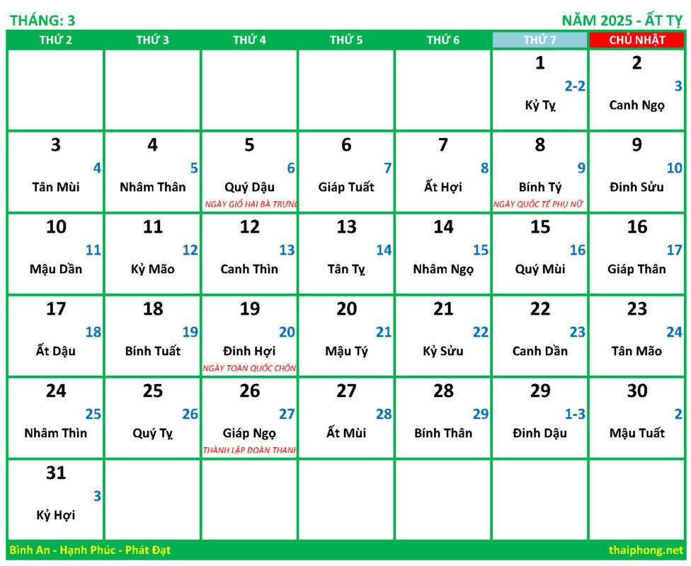 Lịch tháng 3 năm 2025 Ất tỵ