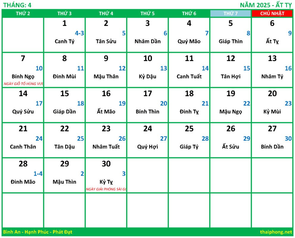 Lịch tháng 4 năm 2025 Ất tỵ