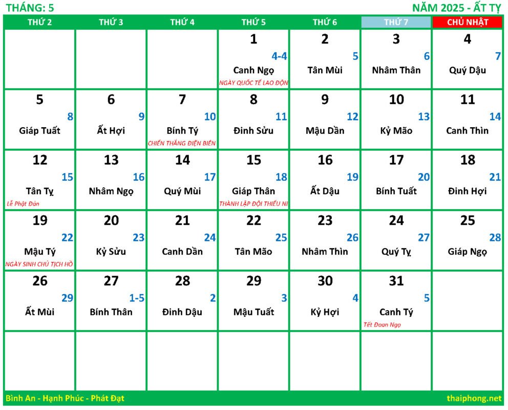 Lịch tháng 5 năm 2025 Ất tỵ