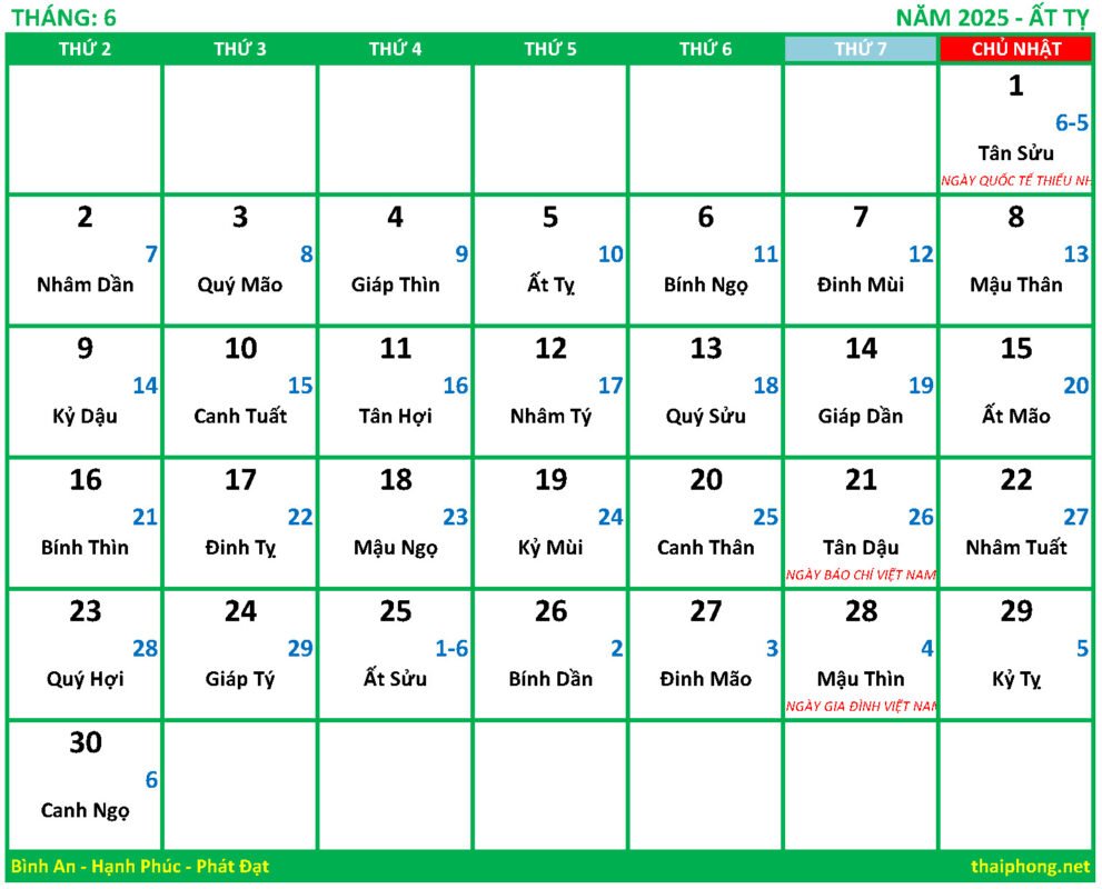Lịch tháng 6 năm 2025 Ất tỵ