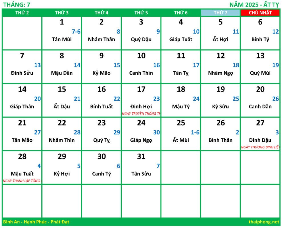 Lịch tháng 7 năm 2025 Ất tỵ