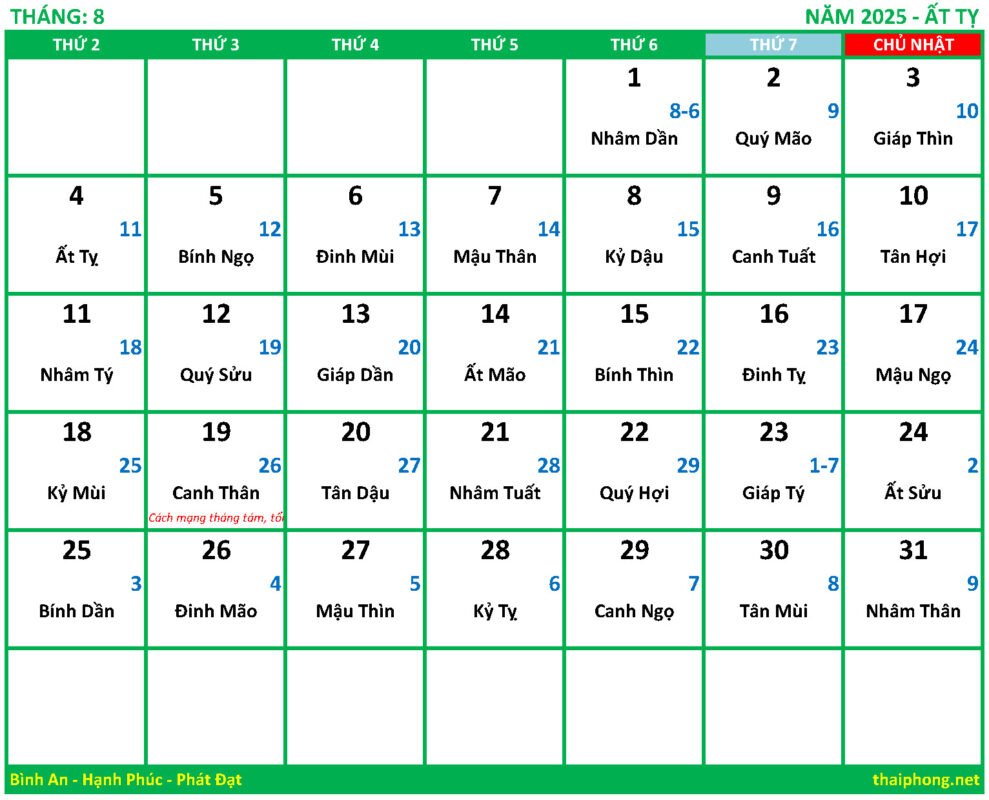 Lịch tháng 8 năm 2025 Ất tỵ
