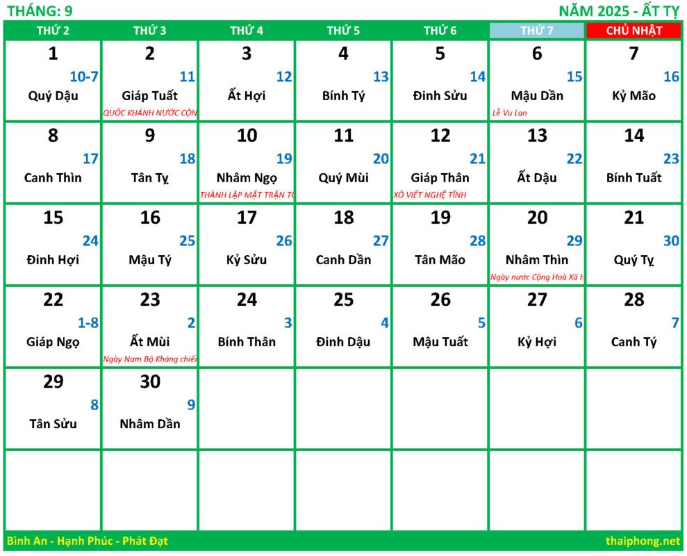 Lịch tháng 9 năm 2025 Ất tỵ